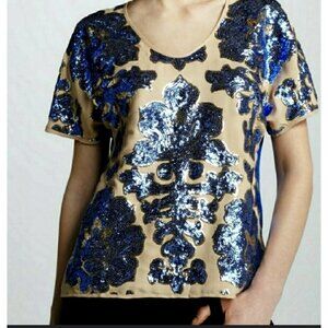 Tracy Reese Neiman Marcus Blue Gold Sequin Top M Medium Holiday Party